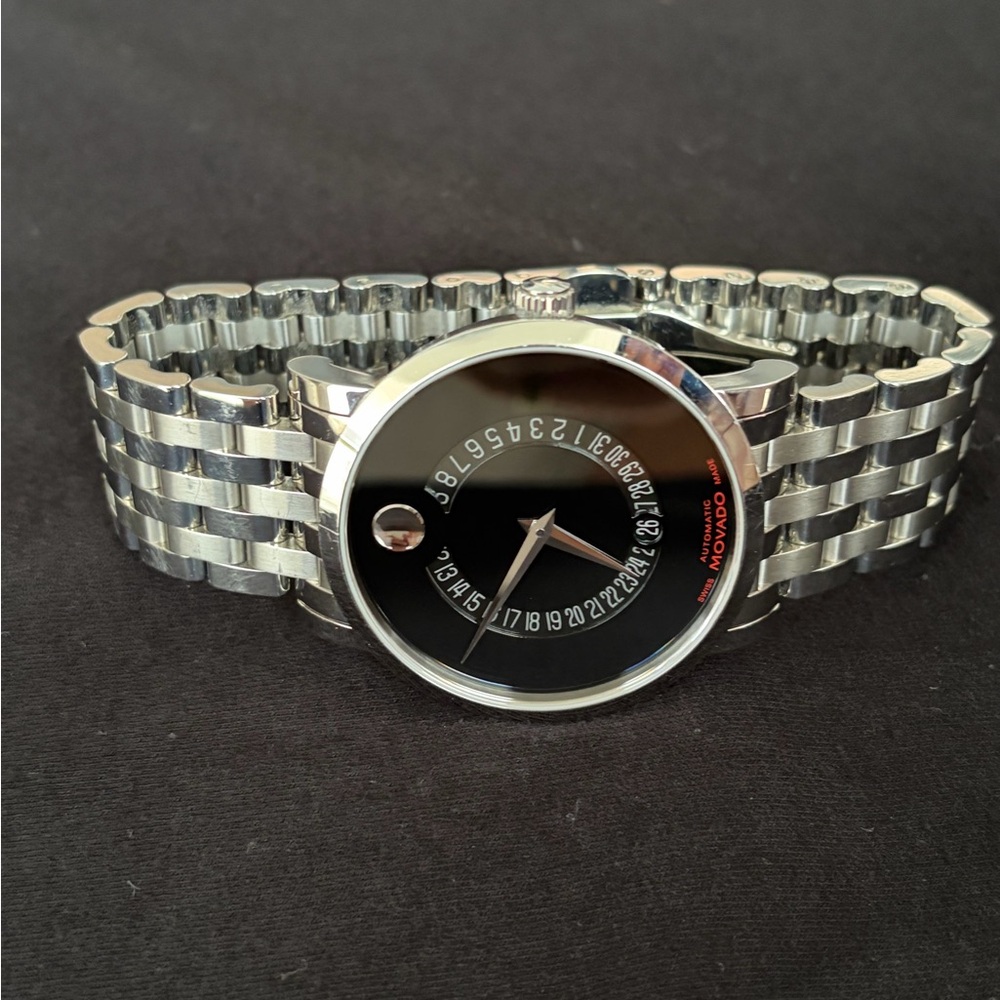 Movado Silver Bracelet Black Dial Museum Style Watch